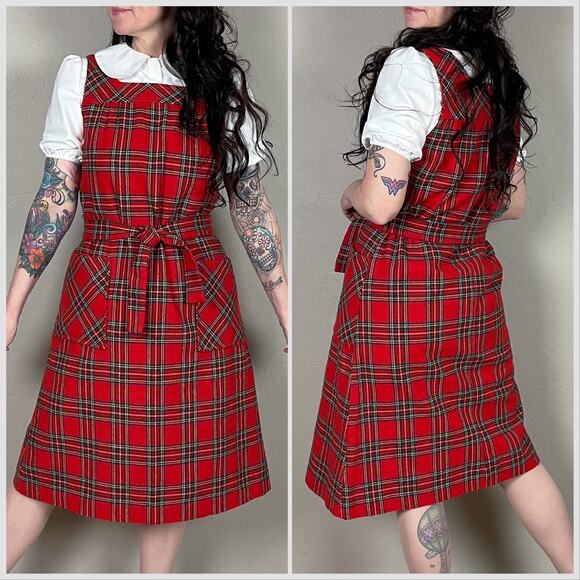 Vintage 1970s Red Tartan Plaid A-Line Pinafore Jumper Dress - Picture 4 of 7